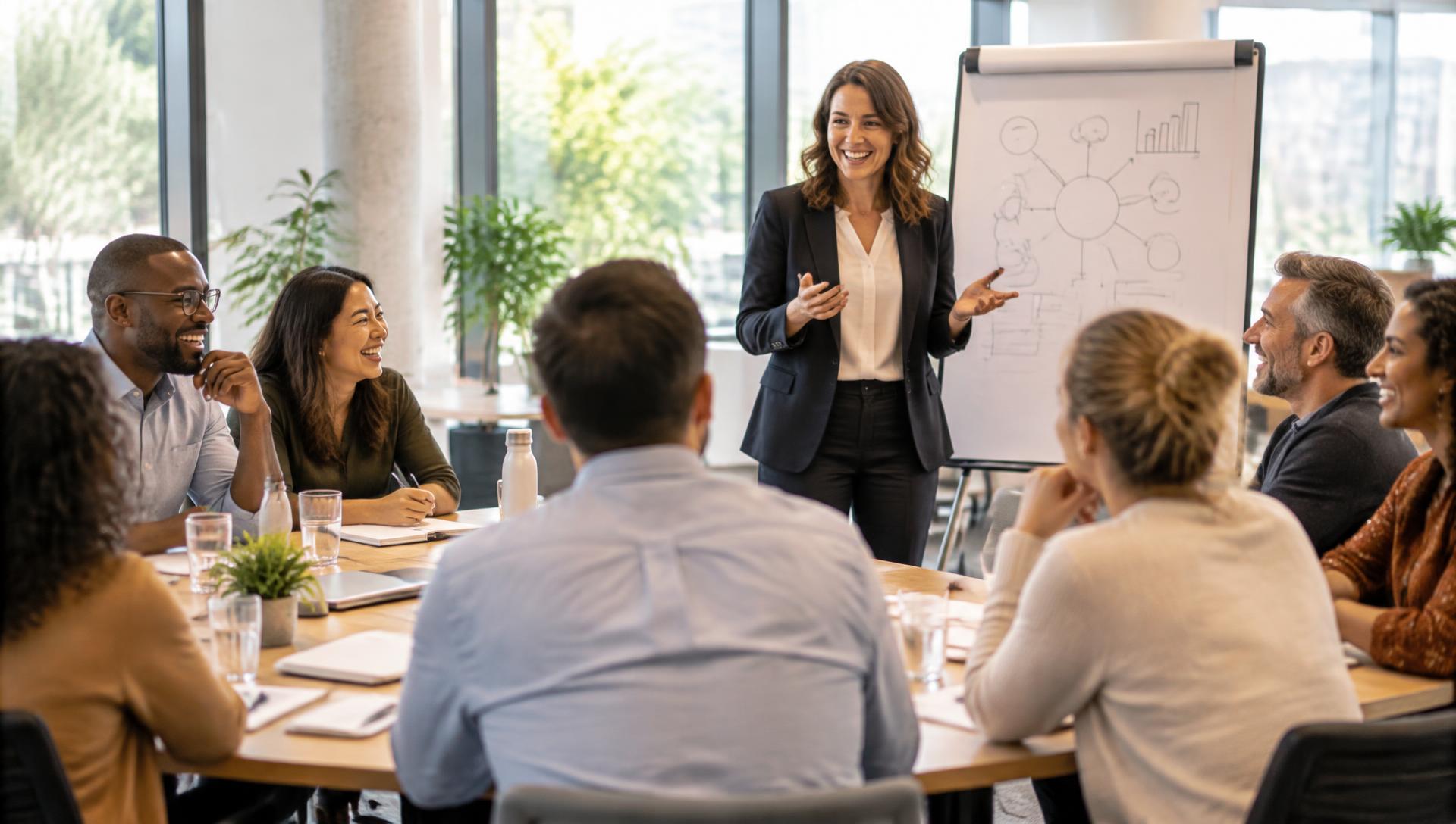 A facilitator leading a lively discussion with a group of professionals around a table in a bright training room