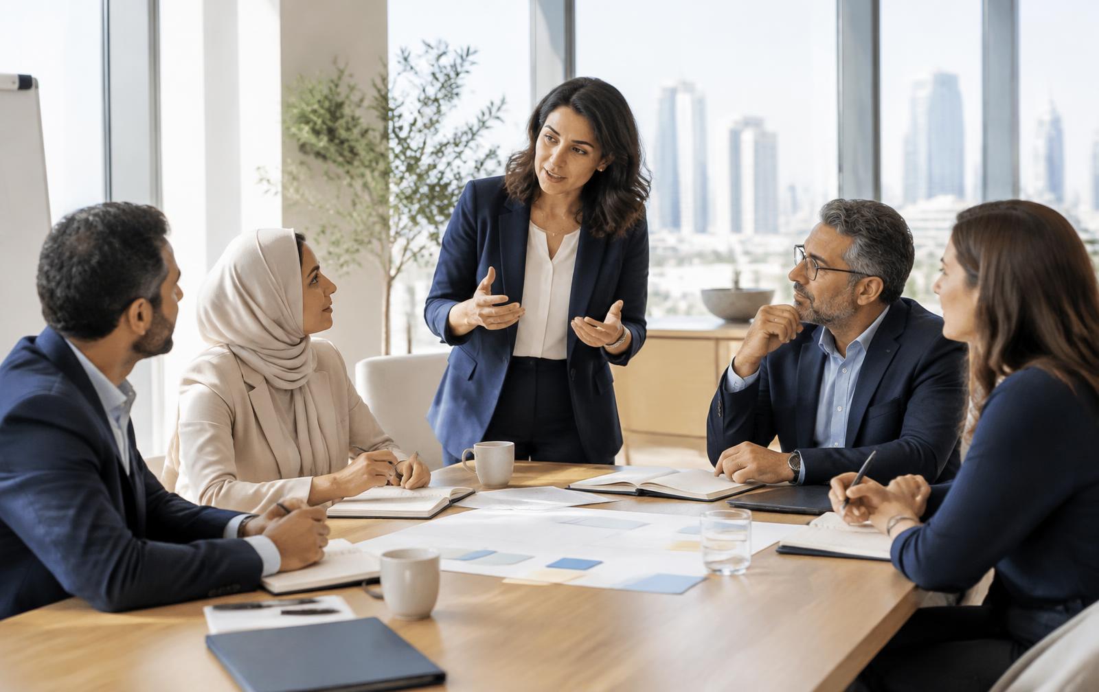 A group of professionals exchanging ideas during a collaborative business workshop