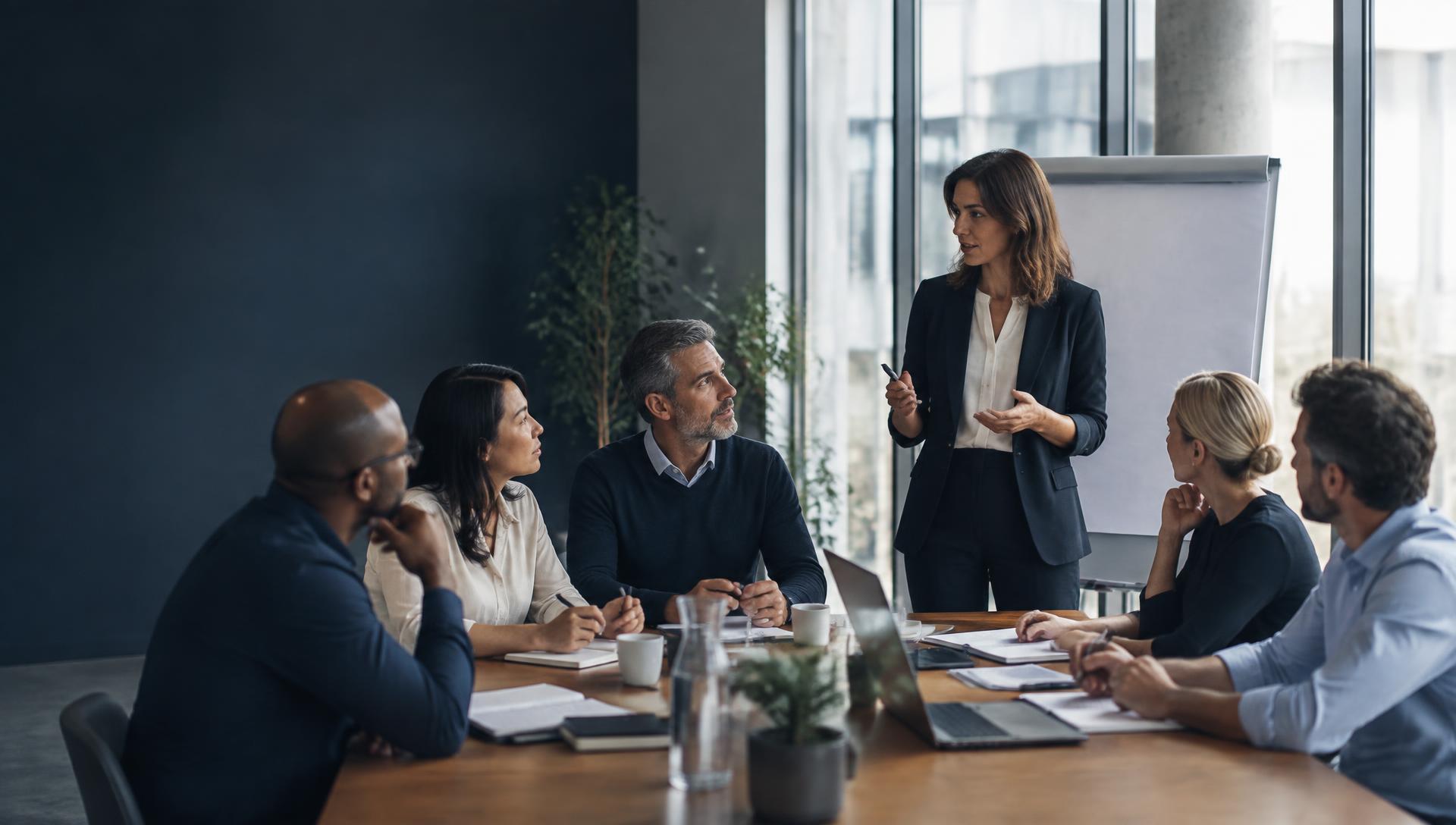 A facilitator leading a group of professionals in a business training session